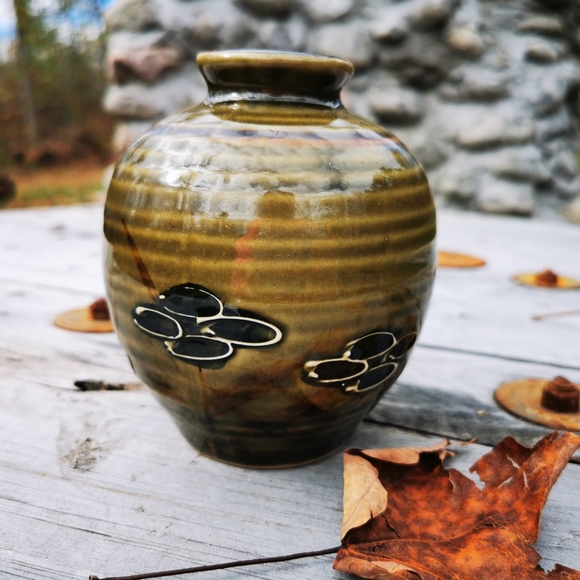 Vintage Abstract Floral Striped Pottery Vase - Picture 4 of 14